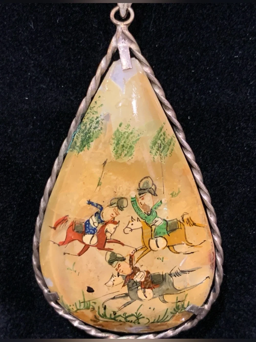 Vintage Hand-Painted Teardrop Pendant Necklace Reversible Bird Floral Horseback